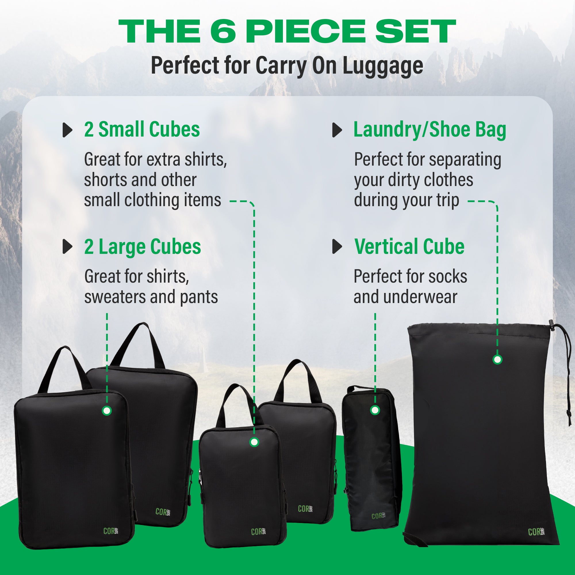 what comes with the 6-piece compression packing cube travel set