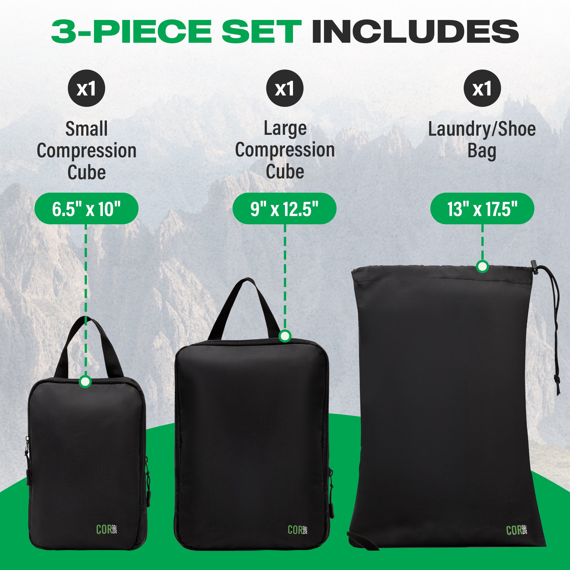 what comes with the compression packing cube 3-piece set for travel